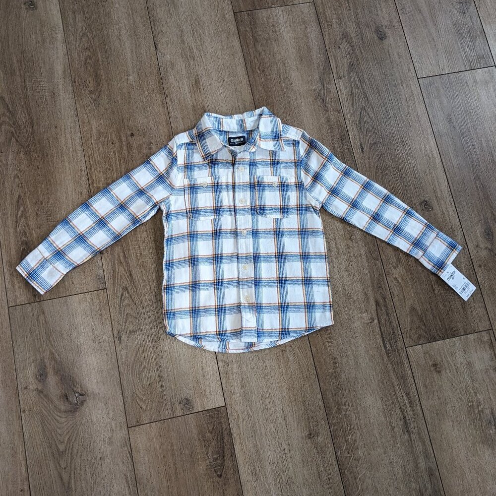 NWT OshKosh B'gosh Boys Plaid Button Down Shirt White Blue Flannel size 6